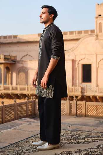 Darzi House_Black Chanderi Silk Shyamgarh Hand Embellished Kurta Set _Online_at_Aza_Fashions