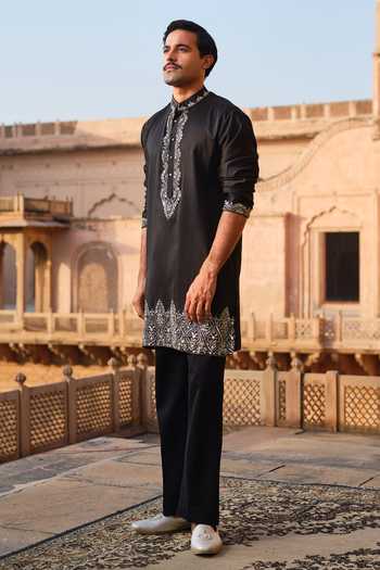Shop_Darzi House_Black Chanderi Silk Shyamgarh Hand Embellished Kurta Set _Online_at_Aza_Fashions