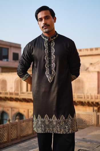 Darzi House_Black Chanderi Silk Shyamgarh Hand Embellished Kurta Set _at_Aza_Fashions