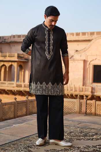 Buy_Darzi House_Black Chanderi Silk Shyamgarh Hand Embellished Kurta Set 