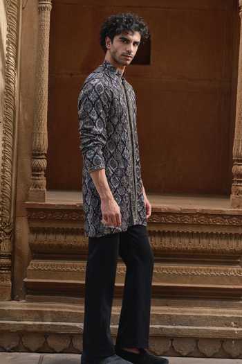 Buy_Darzi House_Black Satin, Modal Taaragarh Ajrakh Print And Embroidered Kurta Set _Online_at_Aza_Fashions