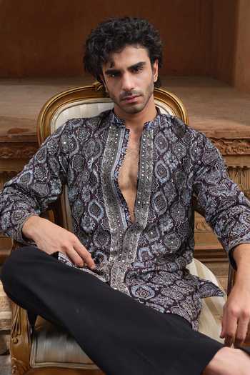 Shop_Darzi House_Black Satin, Modal Taaragarh Ajrakh Print And Embroidered Kurta Set _Online_at_Aza_Fashions