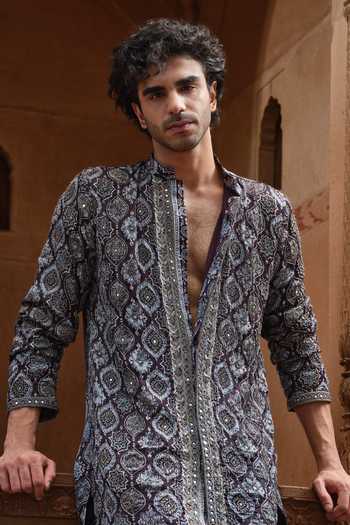 Darzi House_Black Satin, Modal Taaragarh Ajrakh Print And Embroidered Kurta Set _at_Aza_Fashions