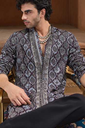 Buy_Darzi House_Black Satin, Modal Taaragarh Ajrakh Print And Embroidered Kurta Set 