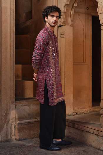 Darzi House Maroon Satin, Modal Barmer Ajrakh Print Kurta Set Online at Aza Fashions Darzi House_Maroon Satin, Modal Barmer Ajrakh Print Kurta Set _Online_at_Aza_Fashions