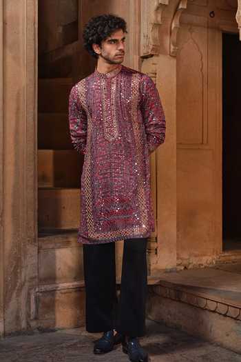 Shop Darzi House Maroon Satin, Modal Barmer Ajrakh Print Kurta Set Online at Aza Fashions Shop_Darzi House_Maroon Satin, Modal Barmer Ajrakh Print Kurta Set _Online_at_Aza_Fashions