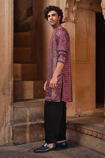 Darzi House Maroon Satin, Modal Barmer Ajrakh Print Kurta Set at Aza Fashions Darzi House_Maroon Satin, Modal Barmer Ajrakh Print Kurta Set _at_Aza_Fashions