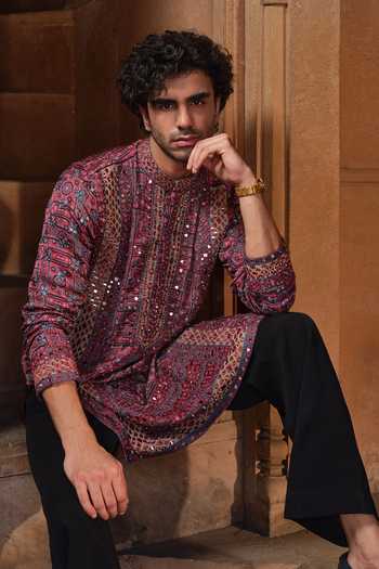 Buy Darzi House Maroon Satin, Modal Barmer Ajrakh Print Kurta Set Buy_Darzi House_Maroon Satin, Modal Barmer Ajrakh Print Kurta Set