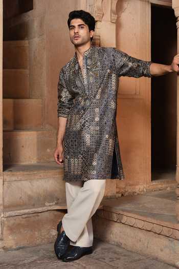 Shop Darzi House Blue Chanderi Silk Rathore Ajrakh Print Kurta Set Online at Aza Fashions Shop_Darzi House_Blue Chanderi Silk Rathore Ajrakh Print Kurta Set _Online_at_Aza_Fashions