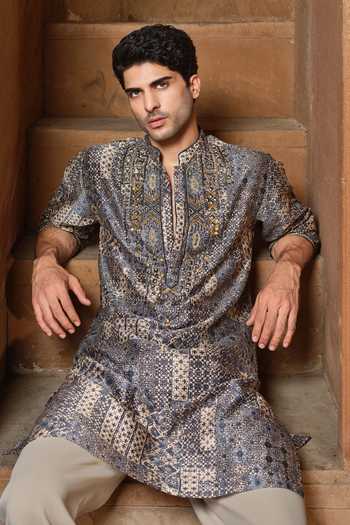 Buy Darzi House Blue Chanderi Silk Rathore Ajrakh Print Kurta Set Buy_Darzi House_Blue Chanderi Silk Rathore Ajrakh Print Kurta Set