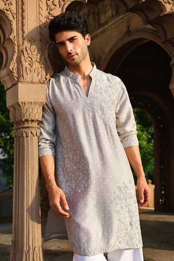Buy_Darzi House_Grey Silk, Dupion Rohet Bandhani Kurta Set _Online_at_Aza_Fashions