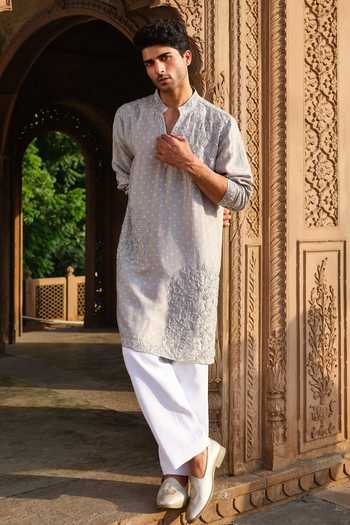 Shop_Darzi House_Grey Silk, Dupion Rohet Bandhani Kurta Set _Online_at_Aza_Fashions