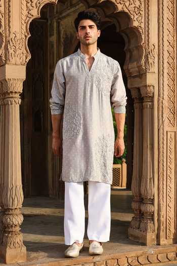 Darzi House_Grey Silk, Dupion Rohet Bandhani Kurta Set _at_Aza_Fashions