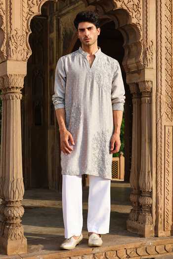 Buy_Darzi House_Grey Silk, Dupion Rohet Bandhani Kurta Set 