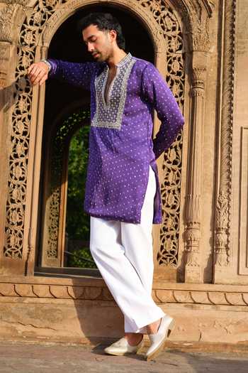 Darzi House Purple Satin, Modal Jamuni Darbar Bandhani Kurta Set at Aza Fashions Darzi House_Purple Satin, Modal Jamuni Darbar Bandhani Kurta Set _at_Aza_Fashions