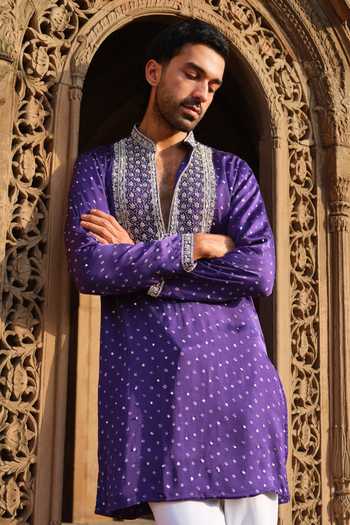 Shop Darzi House Purple Satin, Modal Jamuni Darbar Bandhani Kurta Set Shop_Darzi House_Purple Satin, Modal Jamuni Darbar Bandhani Kurta Set