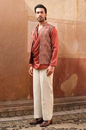 Shop Darzi House Orange Pashmina Kesar Garh Jacket And Cowl Kurta Set Online at Aza Fashions Shop_Darzi House_Orange Pashmina Kesar Garh Jacket And Cowl Kurta Set _Online_at_Aza_Fashions
