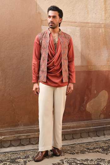 Darzi House Orange Pashmina Kesar Garh Jacket And Cowl Kurta Set at Aza Fashions Darzi House_Orange Pashmina Kesar Garh Jacket And Cowl Kurta Set _at_Aza_Fashions