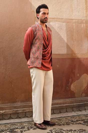 Buy Darzi House Orange Pashmina Kesar Garh Jacket And Cowl Kurta Set Buy_Darzi House_Orange Pashmina Kesar Garh Jacket And Cowl Kurta Set