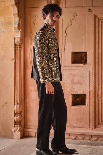 Darzi House_Black Chanderi Silk Mayur Garh Embroidered Jacket Pant Set _Online_at_Aza_Fashions
