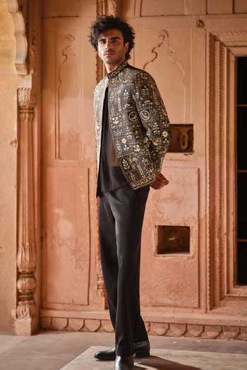 Buy_Darzi House_Black Chanderi Silk Mayur Garh Embroidered Jacket Pant Set _Online_at_Aza_Fashions