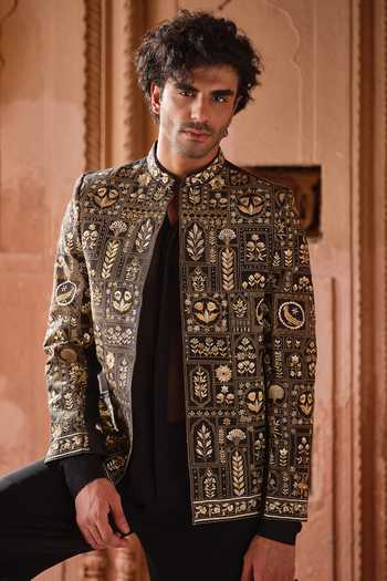 Shop_Darzi House_Black Chanderi Silk Mayur Garh Embroidered Jacket Pant Set _Online_at_Aza_Fashions