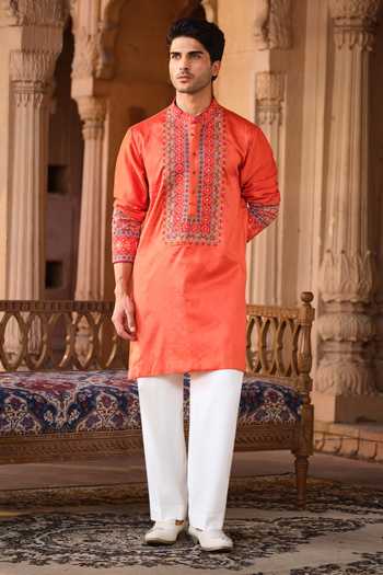 Buy_Darzi House_Orange Chanderi Silk Mahal Embroidered Kurta Set _Online_at_Aza_Fashions