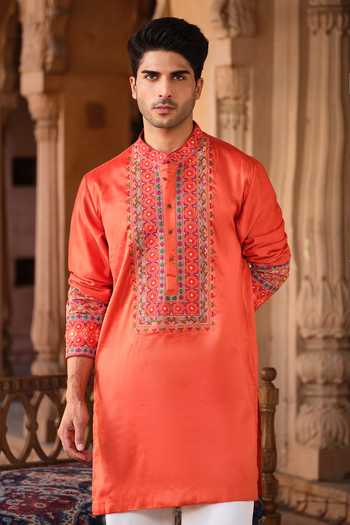 Shop_Darzi House_Orange Chanderi Silk Mahal Embroidered Kurta Set _Online_at_Aza_Fashions