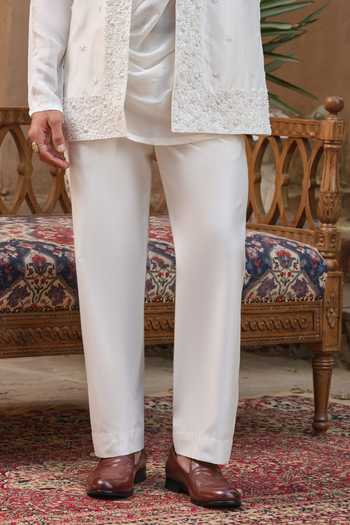 Darzi House_Ivory Chanderi Silk, Silk, Riwaayat Embroidered Nehru Jacket And Kurta Set _Online_at_Aza_Fashions