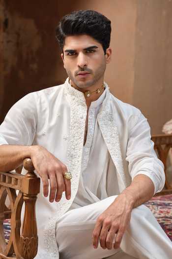 Buy_Darzi House_Ivory Chanderi Silk, Silk, Riwaayat Embroidered Nehru Jacket And Kurta Set _Online_at_Aza_Fashions