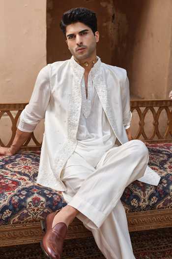 Shop_Darzi House_Ivory Chanderi Silk, Silk, Riwaayat Embroidered Nehru Jacket And Kurta Set _Online_at_Aza_Fashions