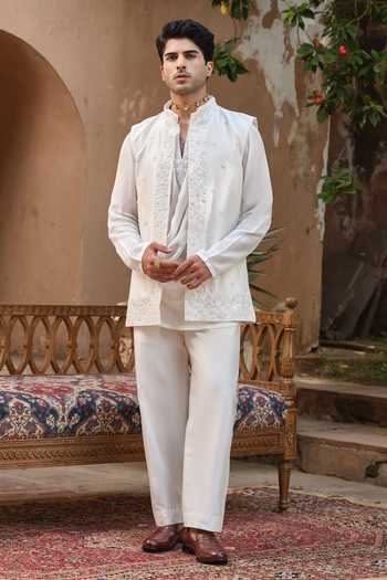 Darzi House_Ivory Chanderi Silk, Silk, Riwaayat Embroidered Nehru Jacket And Kurta Set _at_Aza_Fashions