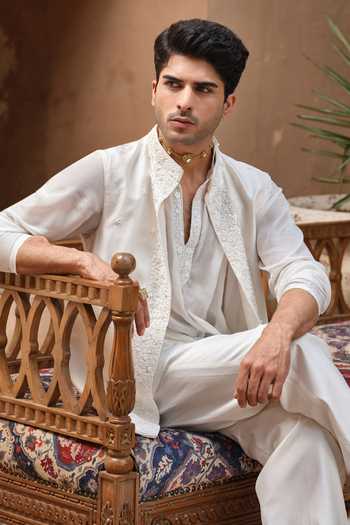 Buy_Darzi House_Ivory Chanderi Silk, Silk, Riwaayat Embroidered Nehru Jacket And Kurta Set 