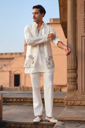 Shop_Darzi House_Ivory Chanderi Silk Gajner Embroidered Jacket And Kurta Set _Online_at_Aza_Fashions