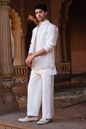 Buy_Darzi House_Ivory Chanderi Silk Umaid Embroidered Nehru Jacket And Kurta Set _Online_at_Aza_Fashions