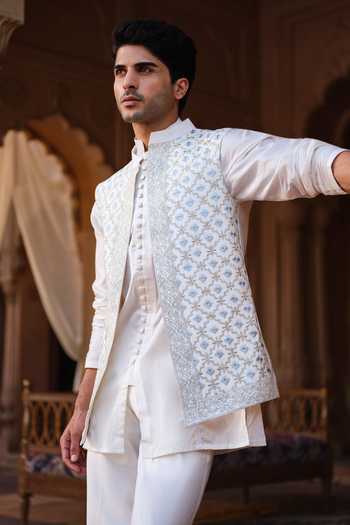 Shop_Darzi House_Ivory Chanderi Silk Umaid Embroidered Nehru Jacket And Kurta Set _Online_at_Aza_Fashions