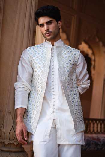 Darzi House_Ivory Chanderi Silk Umaid Embroidered Nehru Jacket And Kurta Set _at_Aza_Fashions