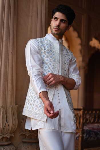 Buy_Darzi House_Ivory Chanderi Silk Umaid Embroidered Nehru Jacket And Kurta Set 