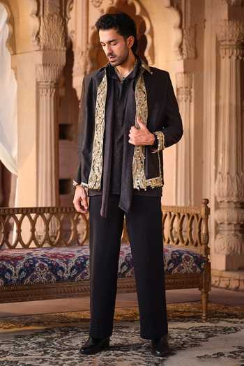 Darzi House_Black Chanderi Silk Rajgarh Jacket And Draped Kurta Set _Online_at_Aza_Fashions