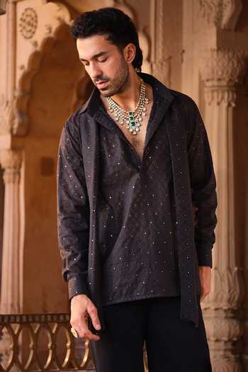 Buy_Darzi House_Black Chanderi Silk Rajgarh Jacket And Draped Kurta Set _Online_at_Aza_Fashions