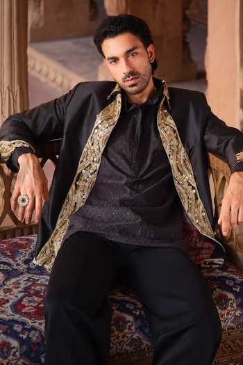 Shop_Darzi House_Black Chanderi Silk Rajgarh Jacket And Draped Kurta Set _Online_at_Aza_Fashions