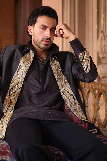 Darzi House_Black Chanderi Silk Rajgarh Jacket And Draped Kurta Set _at_Aza_Fashions