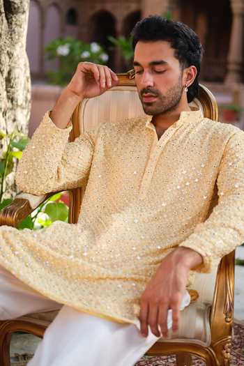 Darzi House_Yellow Georgette Sheesh Mahal Embroidered Kurta Set _Online_at_Aza_Fashions