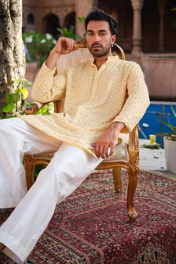Shop_Darzi House_Yellow Georgette Sheesh Mahal Embroidered Kurta Set _Online_at_Aza_Fashions