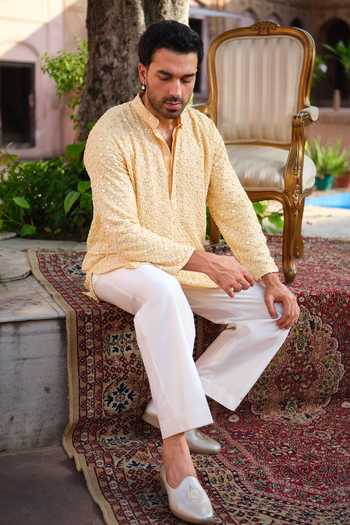 Darzi House_Yellow Georgette Sheesh Mahal Embroidered Kurta Set _at_Aza_Fashions