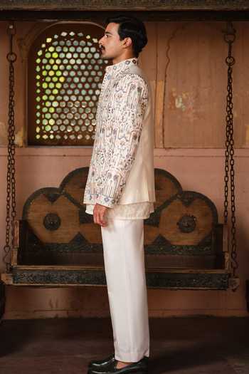 Darzi House_Cream Chanderi Silk Kishangarh Embroidered Jacket And Kurta Set _Online_at_Aza_Fashions
