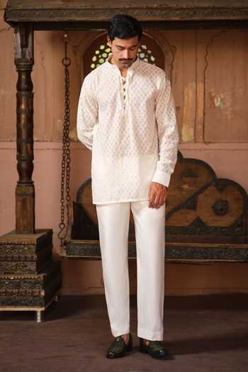 Buy_Darzi House_Cream Chanderi Silk Kishangarh Embroidered Jacket And Kurta Set _Online_at_Aza_Fashions