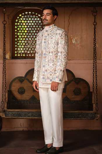 Shop_Darzi House_Cream Chanderi Silk Kishangarh Embroidered Jacket And Kurta Set _Online_at_Aza_Fashions