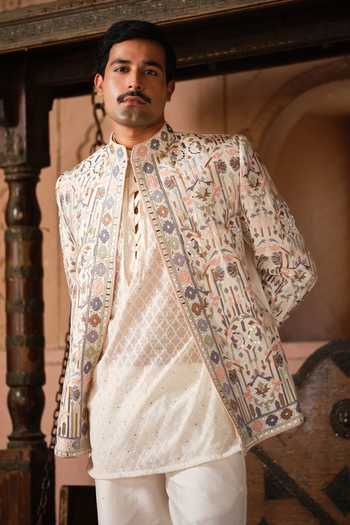 Shop_Darzi House_Cream Chanderi Silk Kishangarh Embroidered Jacket And Kurta Set 