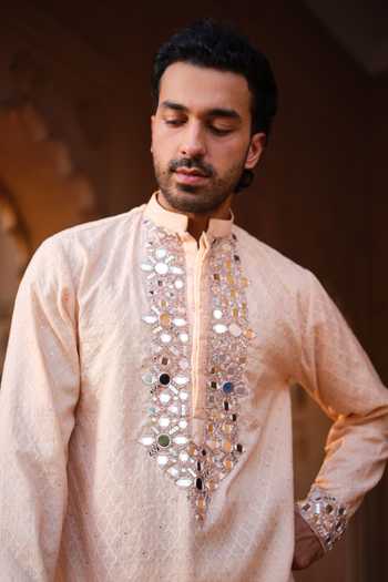 Darzi House Peach Chanderi Aaina Embroidered Kurta Set Online at Aza Fashions Darzi House_Peach Chanderi Aaina Embroidered Kurta Set _Online_at_Aza_Fashions